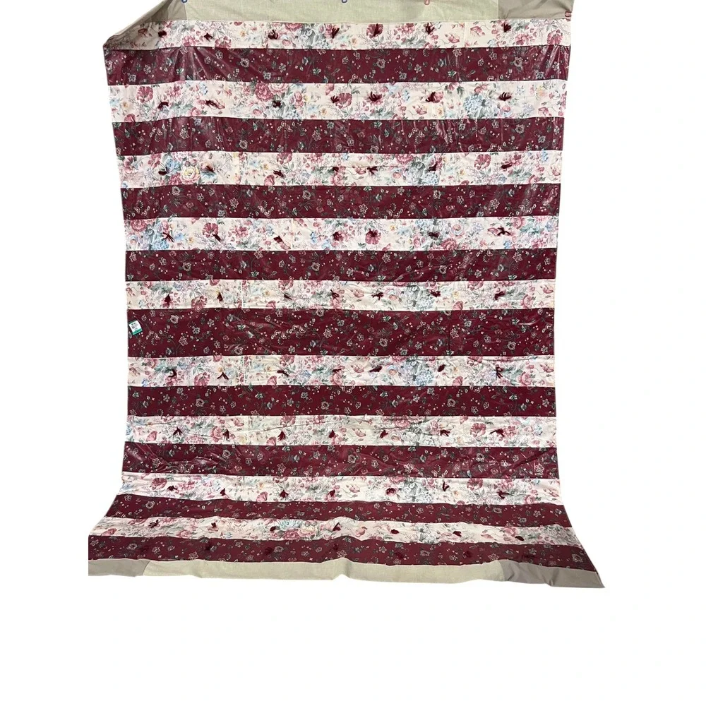 Handmade Burgundy Floral Stripe Twin Quilt 62x82 Tied Cottage Bedding